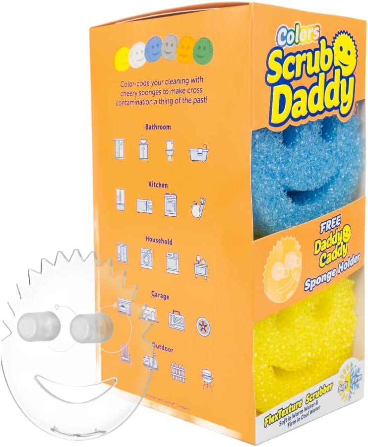 Scrub Daddy 6 إسفنجات مطبخ و 1 حامل إسفنجات دادي - خالي من BPA ومصنوع من رغوة البوليمر - مقاوم للبقع والروائح، أدوات تنظيف متعددة الاستخدامات خالية من الخدوش - Image 1